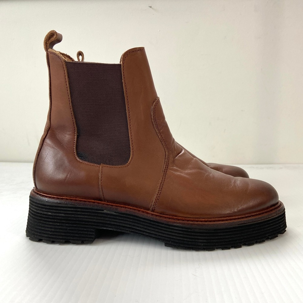 FB Brown Leather Chunky Heel Chelsea Ankle Boots Womens EU 36 US 6